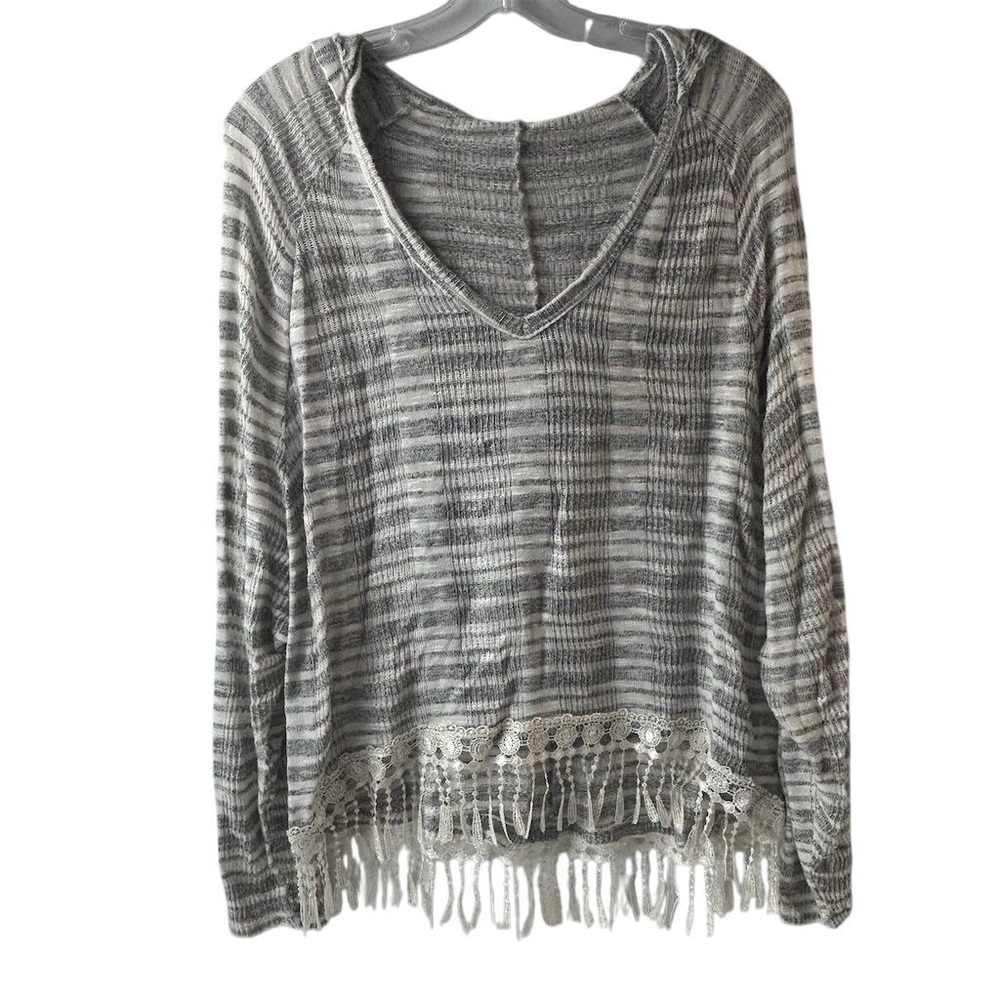 Poof Women's M Gray Striped Hooded Sweater with Fringe‎ Trim
